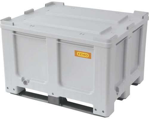 Grauer Palettenbehälter aus Kunststoff mit Deckel und Cemo Logo.