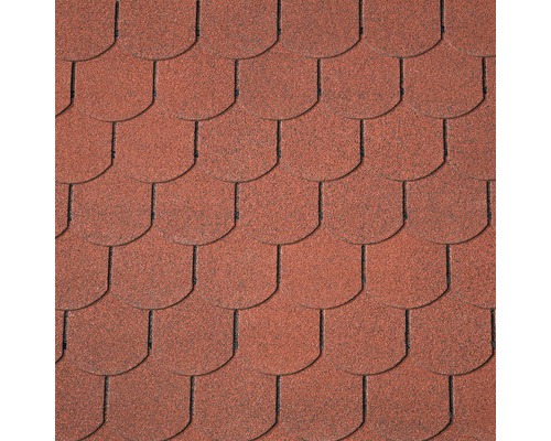PRECIT Biberschwanzschindeln ziegelrot Pack = 2 m² Nahaufnahme von Bitumenschindeln in Biberschwanzoptik für die Dacheindeckung