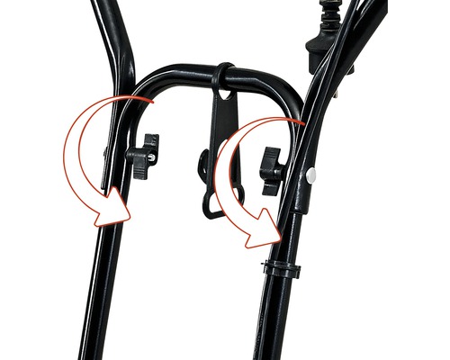 Detailansicht eines Fahrradträgers mit Spannmechanismus und Pfeilen, die die Drehrichtung anzeigen