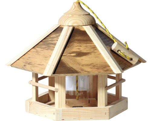 Vogelfutterhaus Sechseck Camouflage 35x35x29 cm hellbraun Vogelhaus aus Holz mit Seilaufhängung