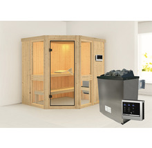 Elementsauna Karibu Omelia 1 inkl. 9 kW Ofen u.ext.Steuerung ohne Dachkranz mit bronzierter Ganzglastüre