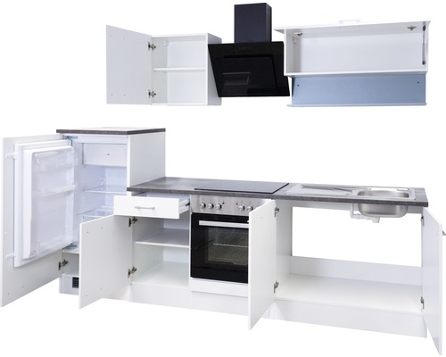 Küchenzeile mit Kühlschrank, Spüle, Herd, Backofen und Dunstabzugshaube