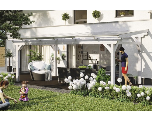 Terrassenüberdachung SKAN HOLZ Sanremo 648x350 cm weiß Terrasse mit Terrassenüberdachung, Gartenmöbeln und Dekoration