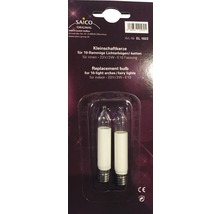 Zwei Ersatzglühbirnen für zehnflammige Lichterbögen oder -ketten, 23 Volt, drei Watt, E10 Fassung in Verpackung.