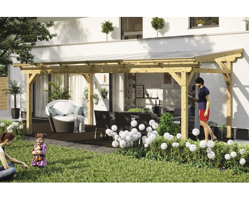 Terrassenüberdachung SKAN HOLZ Sanremo 648x400 cm natur Szene mit einer Holzpergola, Gartenmöbeln und Pflanzen