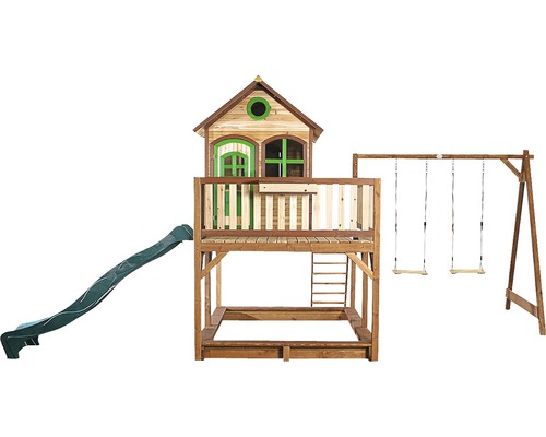 Stelzenhaus axi Liam Holz mit Sandkasten, Doppelschaukel, Rutsche gebeizt Spielplatz mit Spielhaus, Rutsche und Schaukel aus Holz