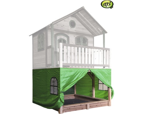 Spielhaus mit Sandkasten und grüner Abdeckung