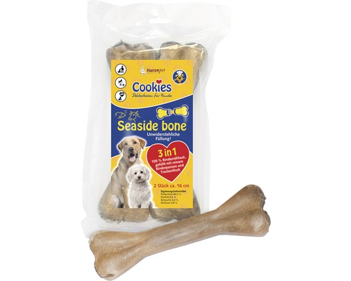 Hundesnack Cookies Kauknochen Seaside Bone 2x16 cm Kauartikel Verpackung Hunde-Snacks in Knochenform, circa 16 Zentimeter lang