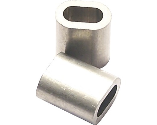 Zwei Aluminium-Pressklemmen zur Seilbefestigung.