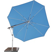 Blauer Ampelschirm mit Metallgestell und Schirmständer