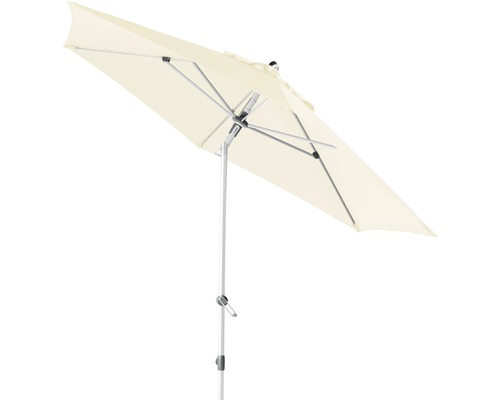 Rechteckiger Gartenschirm mit Metallgestell und hellem Schirmstoff.