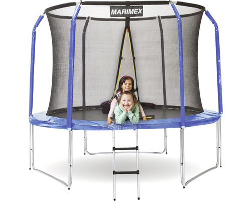 Marimex Trampolin mit Sicherheitsnetz und Leiter, auf dem zwei Kinder liegen