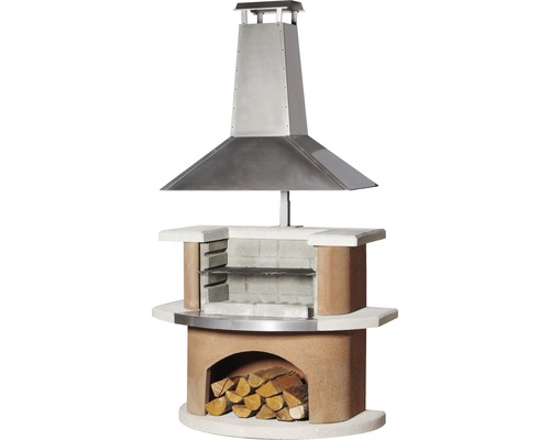 Buschbeck Grillkamin Kampen 65 x 110 x 197 cm Beton weiß terrakotta Grillkamin mit Holzfach und Edelstahlschornstein