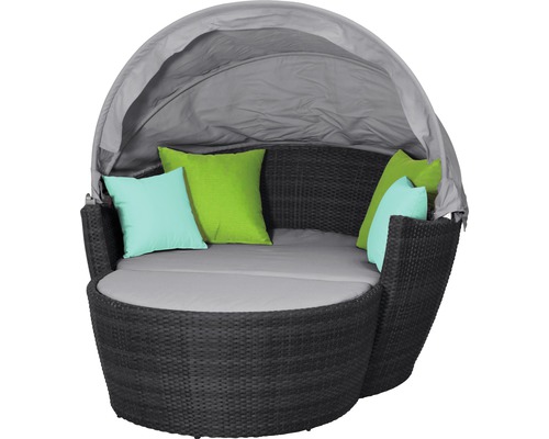Runde Gartenlounge aus Rattan mit Baldachin und Kissen