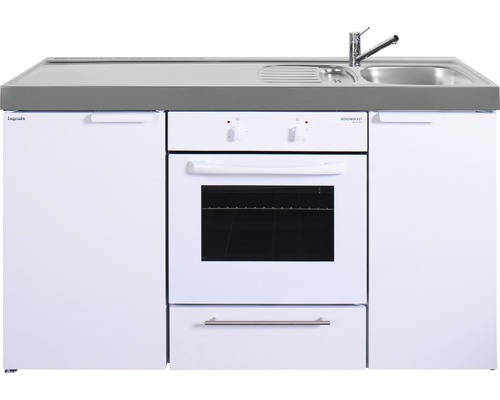 Einbauküche mit Spüle, Arbeitsplatte und Backofen