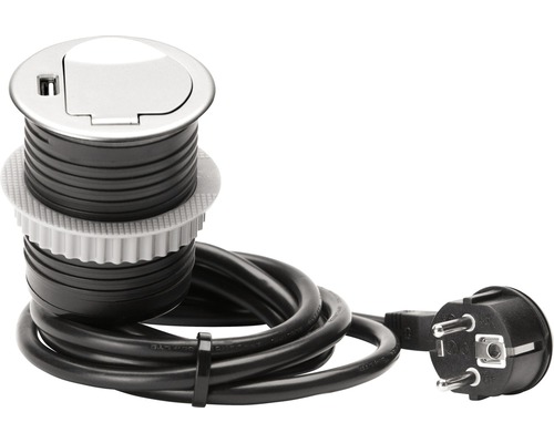 Einbausteckdose und USB schwarz/silber mit Zuleitung H05VV-F3G1,5mm² 1,5 m-0