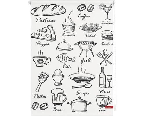 Rollo mit Lebensmittelmuster inklusive Gebäck, Kaffee und Pizza