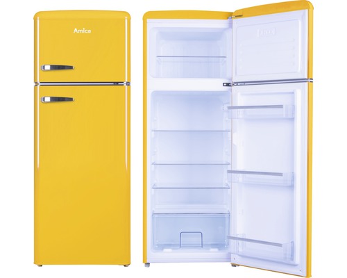 Amica Kühlschrank im Retrodesign, Ansicht von außen und mit geöffneter Tür