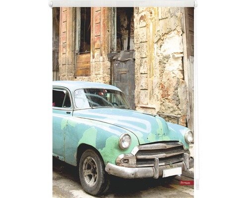 Rollo mit Motiv eines Oldtimers vor einer Hausfassade