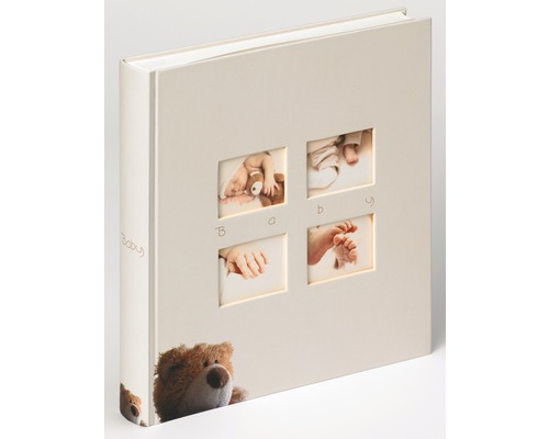 Babyalbum mit Teddybär und Bilderrahmen