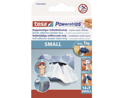 tesa Powerstrips doppelseitiger Selbstklebestrip Small 14x34 mm max. 2 kg 14 Stück Tesa Powerstrips Small, doppelseitiges Klebeband zum spurlosen Ablösen, maximale Tragkraft ein Kilogramm, 14 Stück