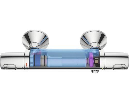 Aufgeschnittene thermostatische Duscharmatur zur Darstellung des Innenlebens.