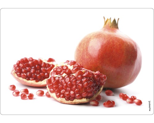 Küchenrückwand mySPOTTI pop Granatapfel 59x41 cm Ganzer Granatapfel und Granatapfelhälften mit Kernen