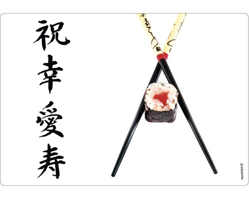 Küchenrückwand mySPOTTI pop Sushi 59x41 cm Sushi-Maki zwischen Essstäbchen mit japanischen Schriftzeichen