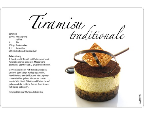 Küchenrückwand mySPOTTI pop Tiramisu 59x41 cm Rezept für traditionelles Tiramisu mit Zutaten und Zubereitungshinweisen