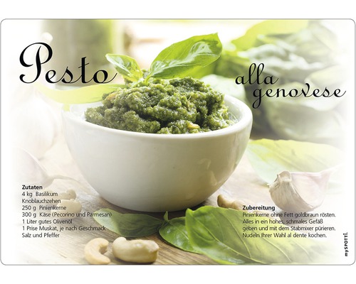 Küchenrückwand mySPOTTI pop Pesto 59x41 cm Pesto alla genovese mit Basilikum und Pinienkernen in einer weißen Schale