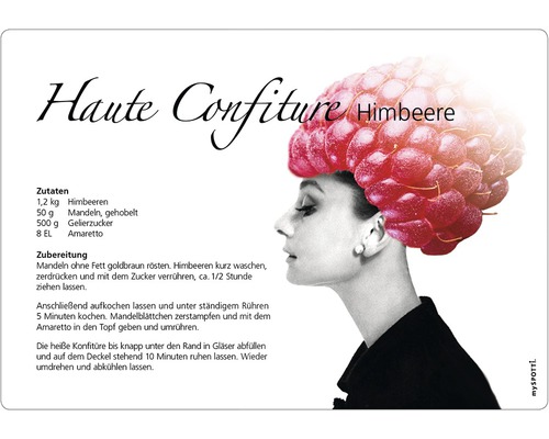 Küchenrückwand mySPOTTI pop Audrey 59x41 cm Rezept für Himbeerkonfitüre mit Zutatenliste und Zubereitungshinweisen