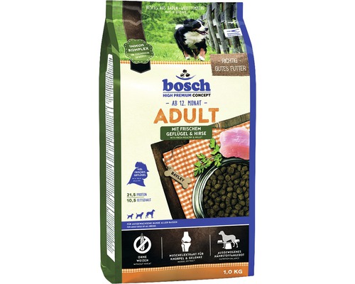 Hundefutter trocken bosch Adult Geflügel & Hirse, 1 kg Bosch Adult Hundefutter mit Geflügel und Hirse, 1 Kilogramm