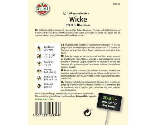 Samenpackung Wicke der Marke Sperli mit Informationen zu Aussaat, Pflanztiefe und Blütezeit