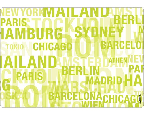 Küchenrückwand mySPOTTI pop Cities green 59x41 cm Dekorplatte mit Städtenamen Muster