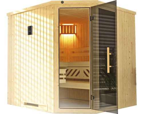 Holzsauna mit Glastür und digitalem Bedienfeld