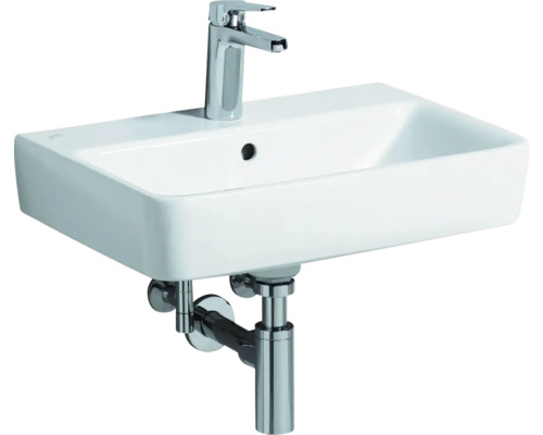 Weißes Waschbecken mit Armatur und Siphon für das Badezimmer.