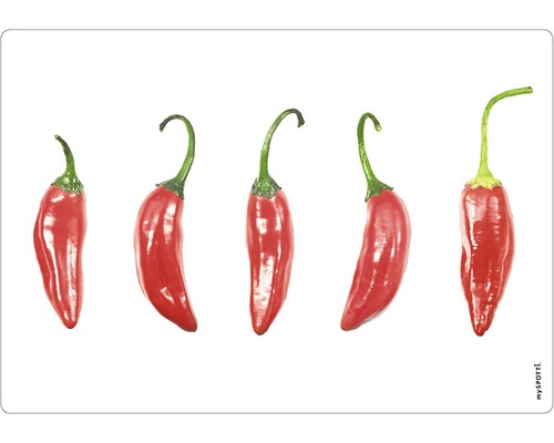 Küchenrückwand mySPOTTI pop Peperocini 59x41 cm Fünf rote Chilischoten