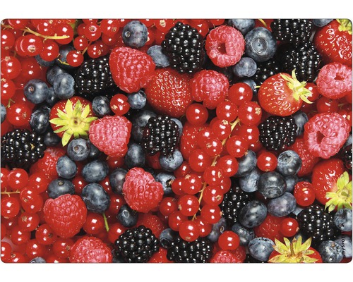Küchenrückwand mySPOTTI pop Berrymix 59x41 cm Nahaufnahme verschiedener Beeren wie Erdbeeren, Himbeeren, Blaubeeren, Brombeeren und Johannisbeeren