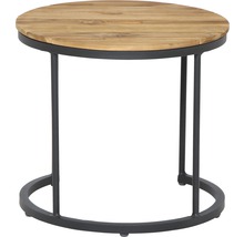 Runder Beistelltisch mit Holzplatte und Metallgestell.