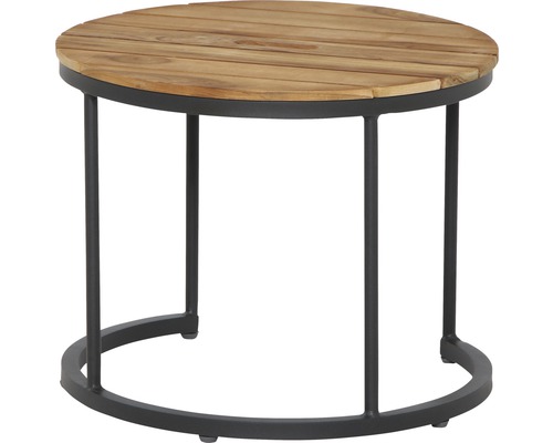 Runder Gartentisch mit Holzplatte und Metallgestell