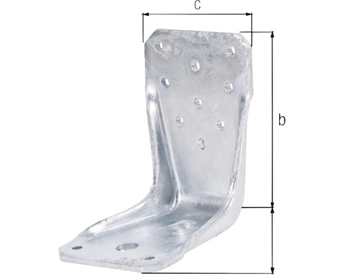 Winkelverbinder aus Metall mit Befestigungslöchern und Maßangaben