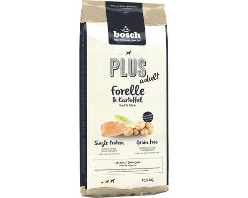 Hundefutter trocken, bosch Plus Forelle & Kartoffel 12,5 kg Bosch Logo. Trockenfutter für Hunde mit Forelle und Kartoffel, geeignet ab dem ersten Lebensjahr, 12,5 Kilogramm.