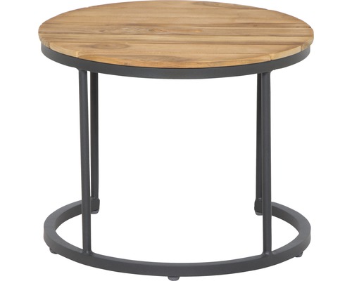 Runder Gartentisch mit Holzplatte und Metallgestell