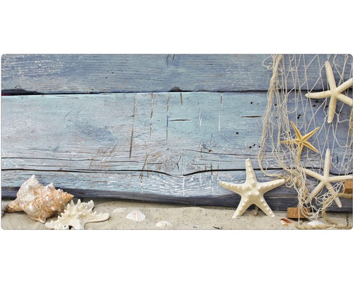 Badrückwand mySPOTTI aqua Seashell 90x45 cm Dekorative Seesterne mit Muscheln und Fischernetz vor Holzwand