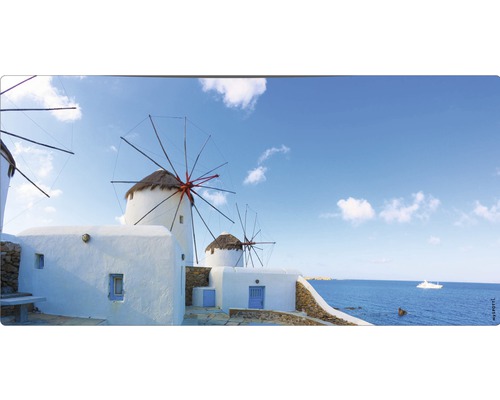 Badrückwand mySPOTTI aqua Greece 90x45 cm Panorama mit Windmühlen und weiß getünchten Gebäuden am Meer