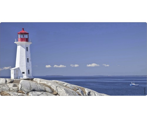 Badrückwand mySPOTTI aqua Lighthouse 90x45 cm Leuchtturm auf Felsen am Meer unter blauem Himmel