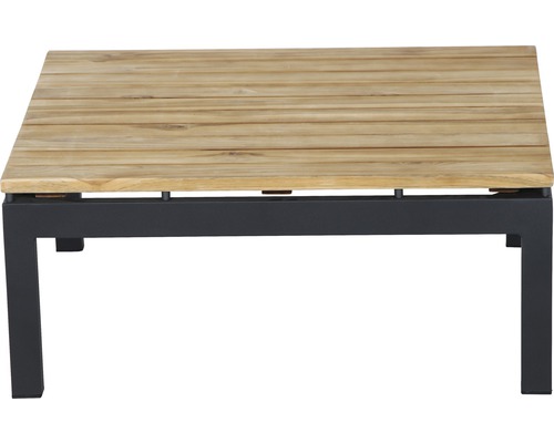 Quadratischer Gartentisch mit Tischplatte aus Holz und Metallgestell