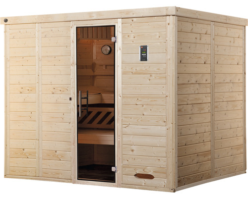 Sauna aus Holz mit Glastür und elektronischer Steuerung