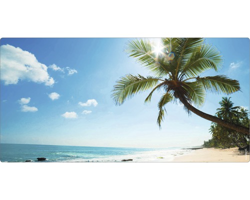 Badrückwand mySPOTTI aqua Beach 90x45 cm Strand mit Palmen und blauem Himmel