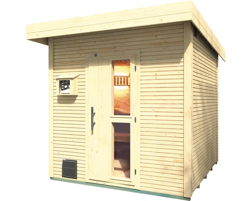 Außensauna aus Holz mit Fenster und Glastür